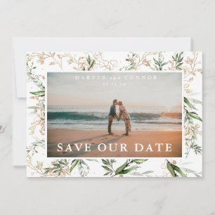 Save The Date Elégant Boho Golden Sage Eucalyptus Green Photo