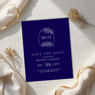 Save The Date Élégant Boho Leaf Monogramme Bleu et Mariage blanc