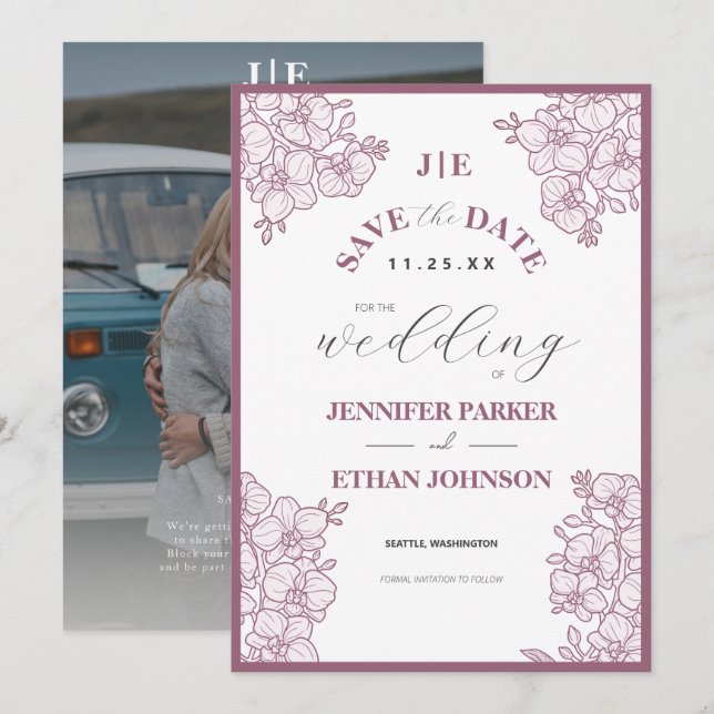 Save The Date Elegant Boho Orchid Botanical Photo Mariage (Devant / Derrière)