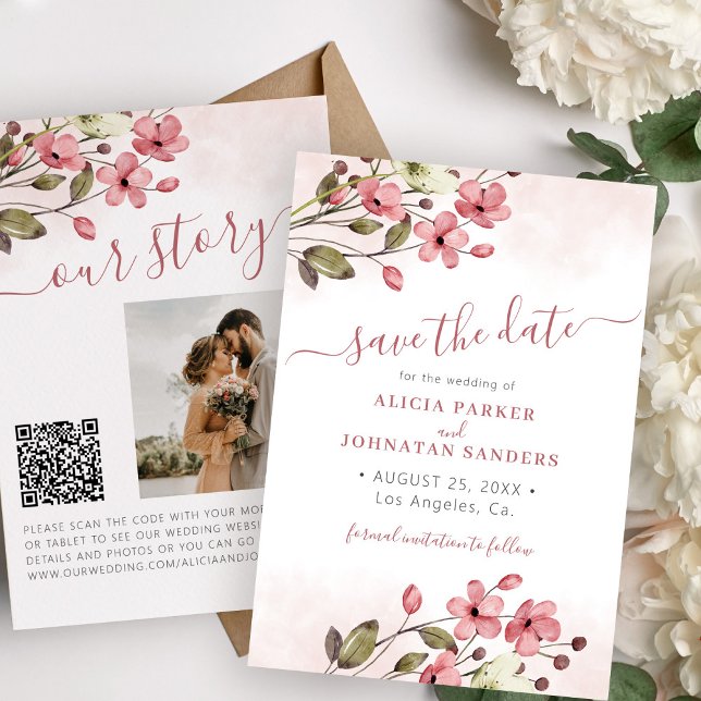 Save The Date Elégant boho rose floral QR code photo mariage (Créateur téléchargé)