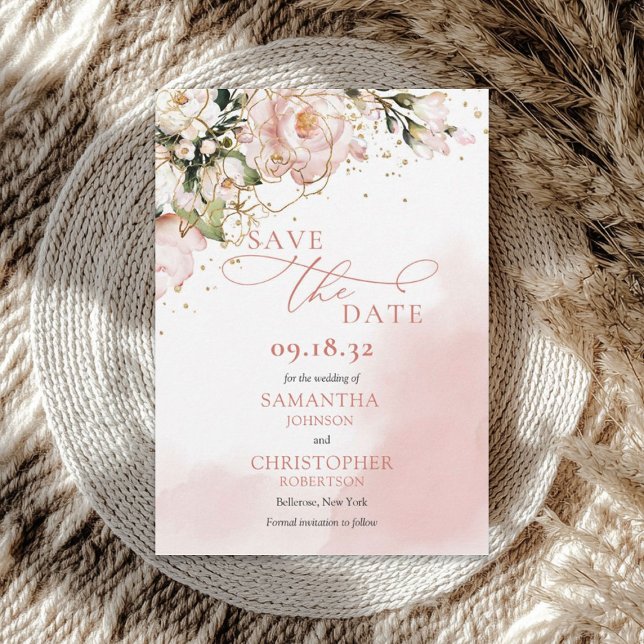 Save The Date Elégant boho rose rousse roses verdure cadre or (Elegant boho blush pink roses greenery gold frame save the date)