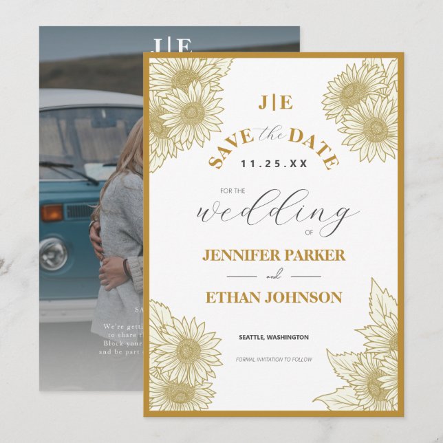 Save The Date Elegant Boho Sunflower Mariage photo (Devant / Derrière)
