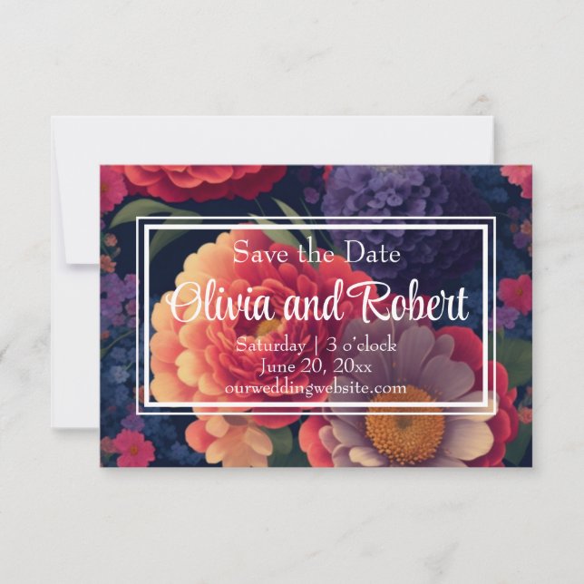 Save The Date Élégant boho vintage orange rouge violet fleuri (Devant)