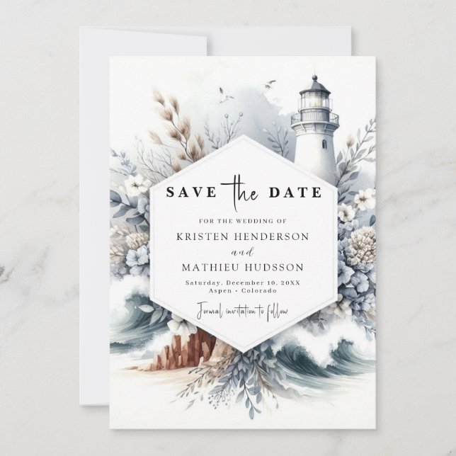 Save The Date Élégant Boho Waves Mariage phare (Devant)