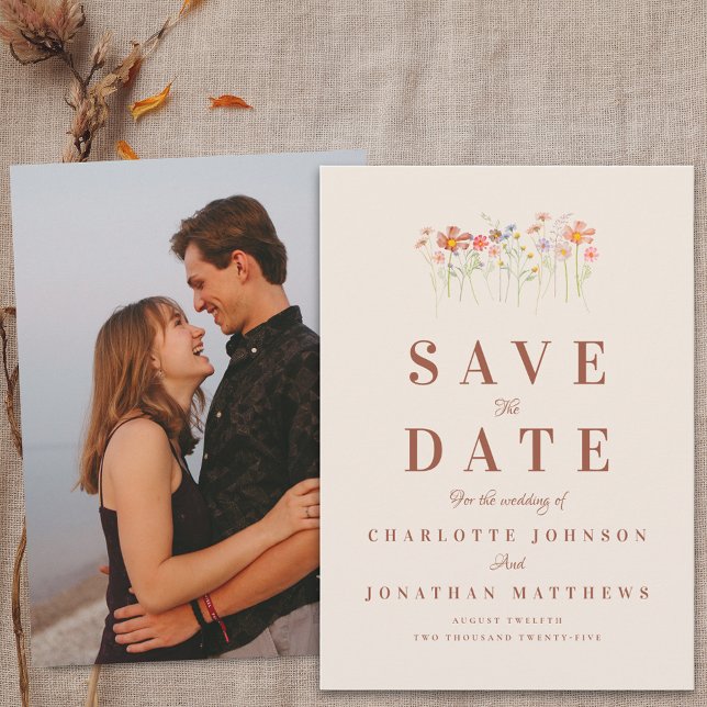 Save The Date Elegant Boho Wildflower Beige Photo Wedding (Elegant boho Wildflower meadow beige terracotta photo Wedding save the date card)