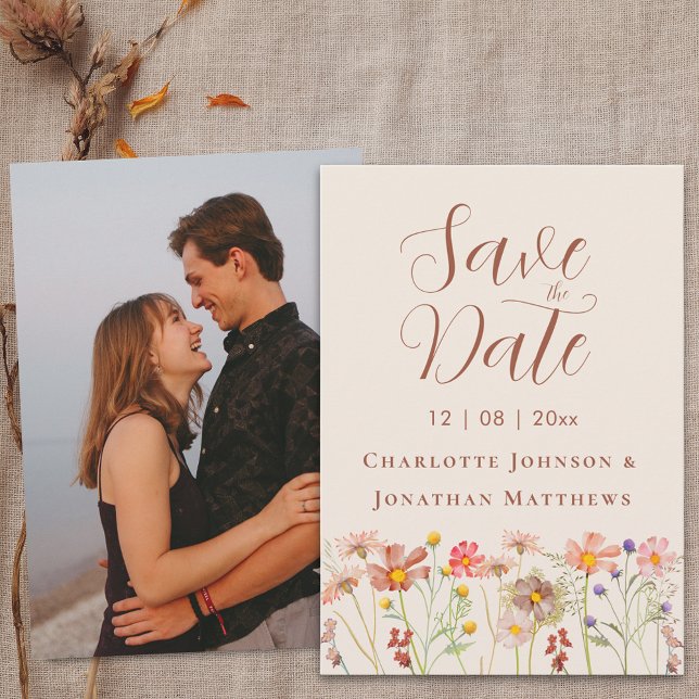Save The Date Elegant Boho Wildflower Photo Wedding (Boho chic Wildflower meadow fall floral photo Wedding save the date card elegant script)
