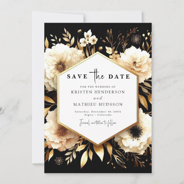 Save The Date Elégant Botanical Gold et Mariage noir (Devant)