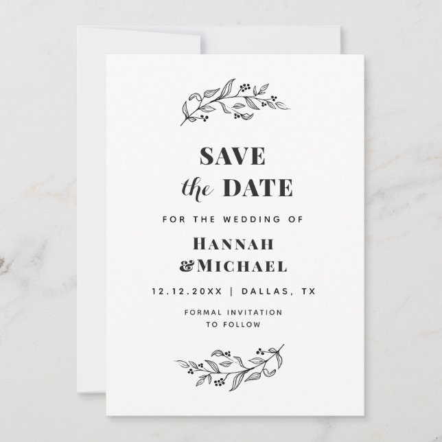 Save The Date Elégant Botanique noir & blanc Drawn Greenery (Devant)