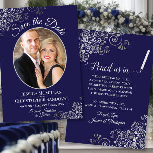 Save The Date Elégant boucles d'argent et photo sur Mariage bleu