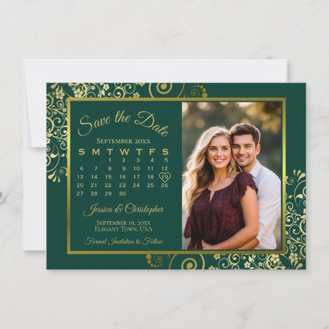 Save The Date Elégant Boucles d'or Emerald Calendrier Mariage ph (Devant)