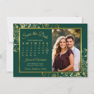 Save The Date Elégant Boucles d'or Emerald Calendrier Mariage ph
