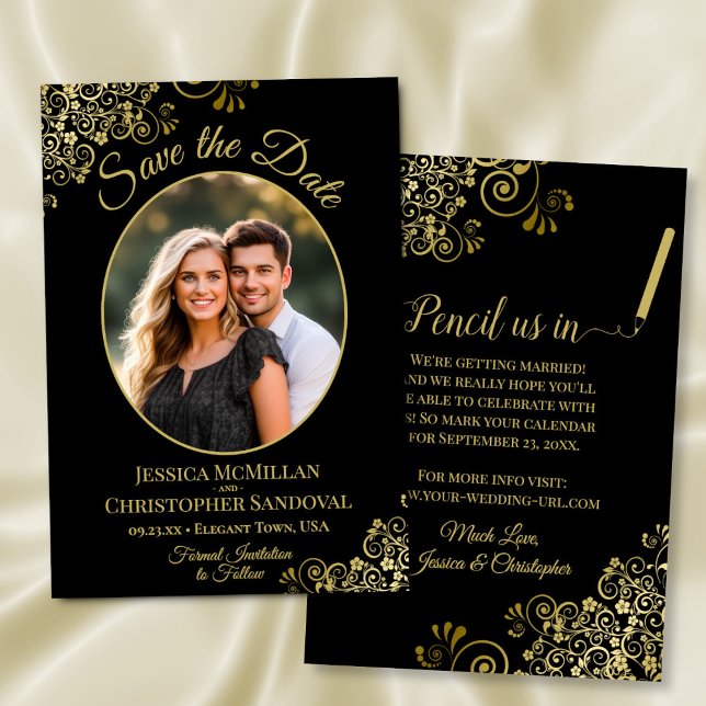 Save The Date Elégant Boucles d'or Oval Photo Black Mariage (Front/Back)