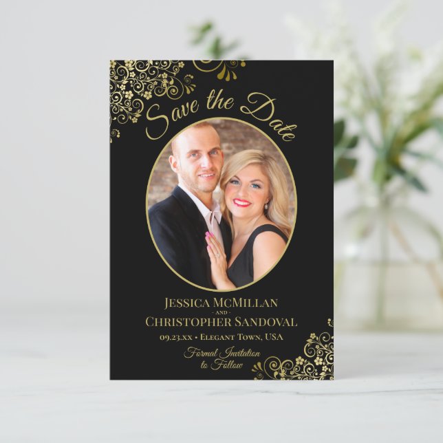 Save The Date Elégant Boucles d'or Oval Photo Black Mariage (Debout devant)