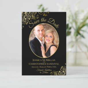 Save The Date Elégant Boucles d'or Oval Photo Black Mariage