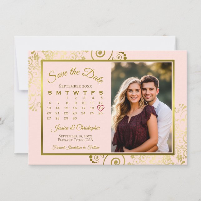 Save The Date Elégant boucles d'or sur calendrier rose Mariage p (Devant)