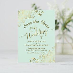 Save The Date Elégant boucles et perles d'or sur Mariage vert de