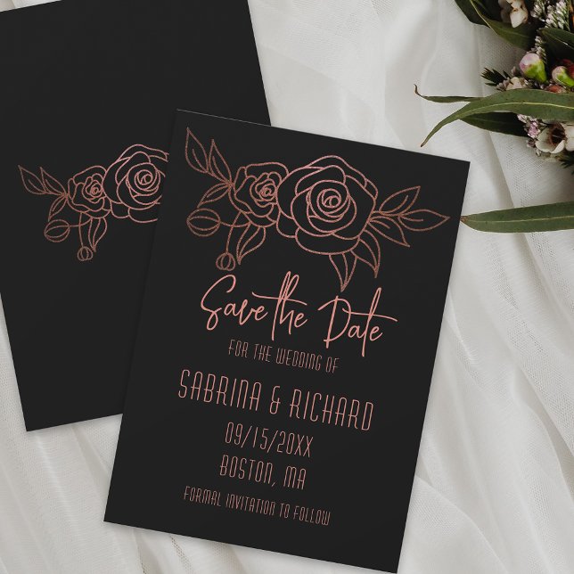 Save The Date Élégant Bouquet d'Art Botanique en Rose Gold Noir (Créateur téléchargé)