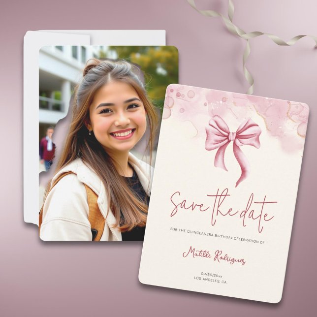 Save The Date Elégant Bow Rose Quinceañera Photo (Créateur téléchargé)