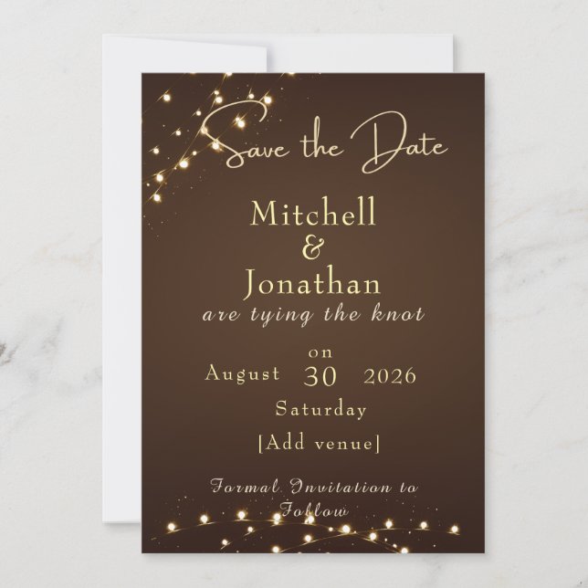 Save The Date Elegant Brown & Gold String Lights wedding  (Devant)