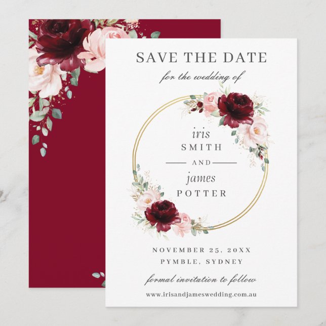 Save The Date Élégant Burgundy Blush Floral Circle Gold Mariage (Devant / Derrière)