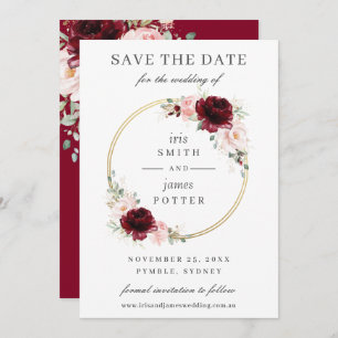 Save The Date Élégant Burgundy Blush Floral Circle Gold Mariage