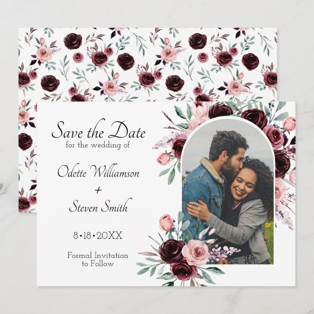 Save The Date Elégant Burgundy Blush Watercolor Mariage photo (Devant / Derrière)