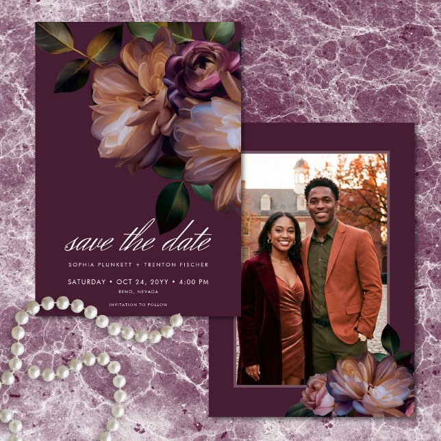 Save The Date Elegant Burgundy Classic Moody Floral Photo (Elegant Burgundy Classic Moody Floral Photo Save The Date)