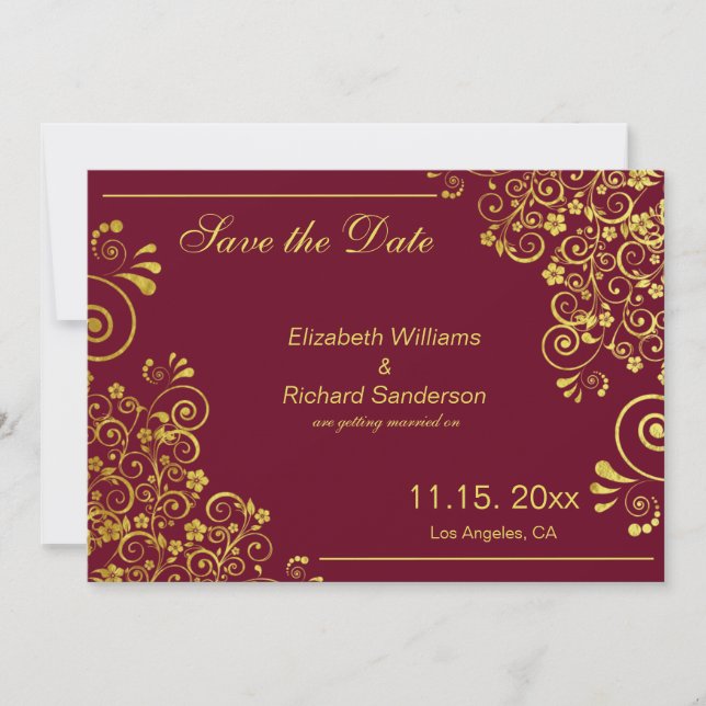 Save The Date Elégant Burgundy Gold Enregistrer le Mariage de da (Devant)