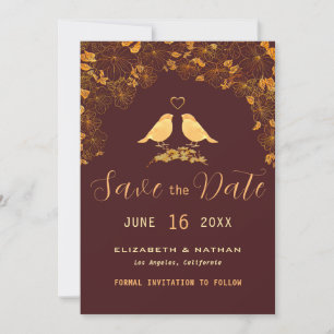 Save The Date Elégant Burgundy & Or Floral Birds Photo personnal