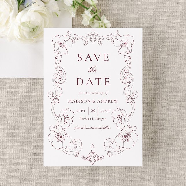 Save The Date Elegant Burgundy Ornate Floral Frame Wedding (Créateur téléchargé)
