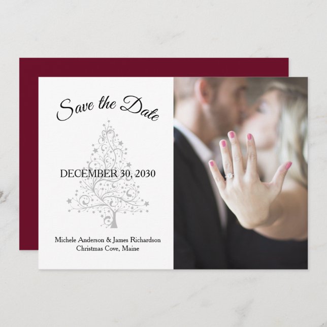 Save The Date Élégant Burgundy Silver Winter Wedding Photo (Devant / Derrière)
