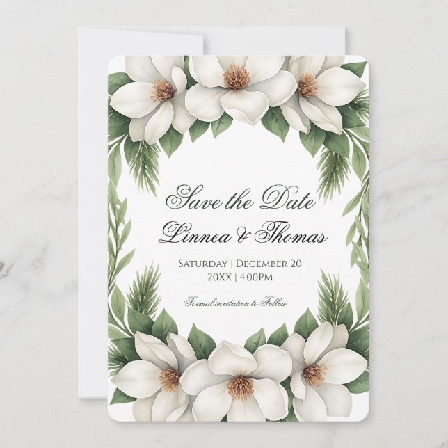 Save The Date Elégant cadre de pin Mariage Magnolia blanc (Devant)