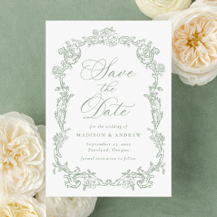 Save The Date Élégant cadre floral victorien vert sauge mariage