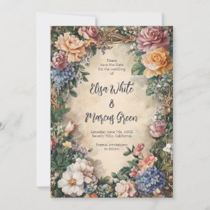 Save The Date Elégant Cadre Floral Vintage Mariage Engagement PE