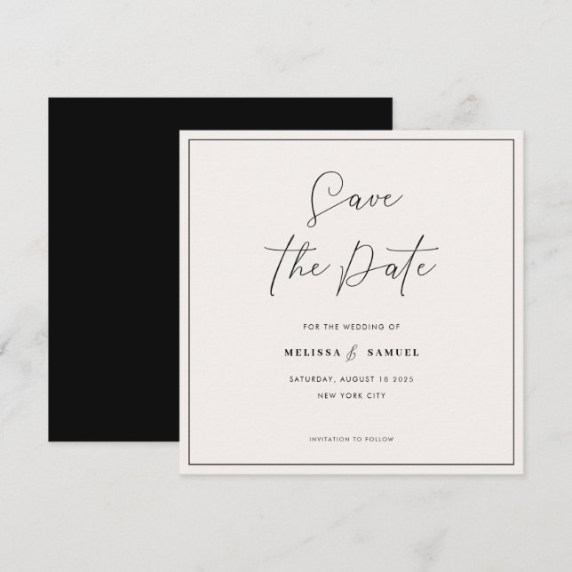 Save The Date Élégant cadre noir manuscrit Mariage de script (Devant / Derrière)