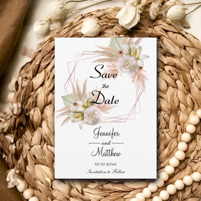 Save The Date Elégant cadre Or Blanc Floral Pampas Grass 5x7" (Créateur téléchargé)