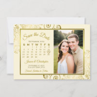 Élégant Calendrier et Photo de Mariage Or et Crème