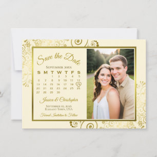 Save The Date Élégant Calendrier et Photo de Mariage Or et Crème