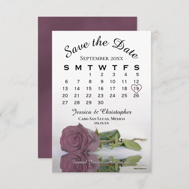 Save The Date Élégant calendrier Mariage de Rose Rose Rose Mauve (Devant / Derrière)