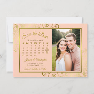 Save The Date Élégant Calendrier Photo de Mariage Corail Abricot