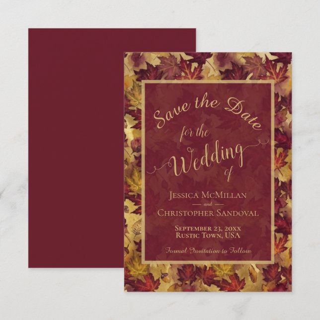 Save The Date Elegant Calligraphy Burgundy & Gold Leaves Wedding (Devant / Derrière)