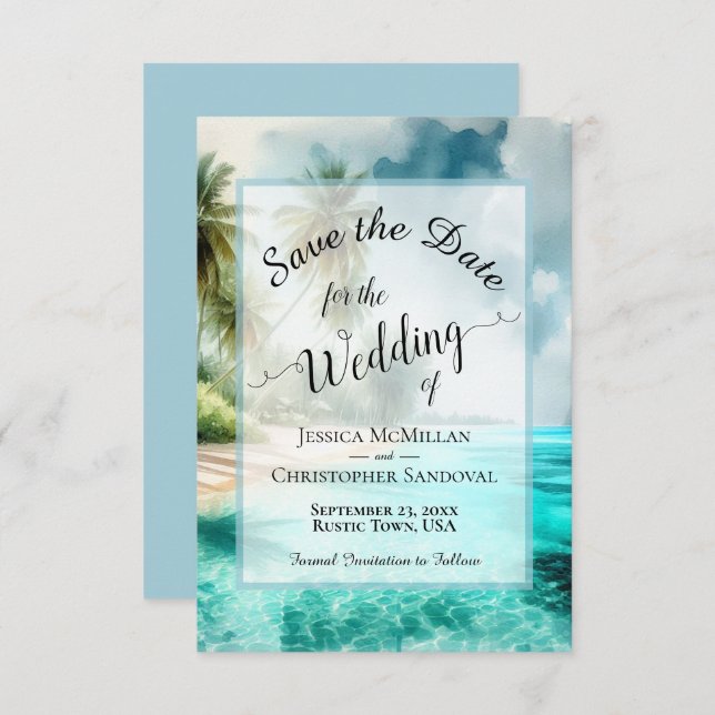 Save The Date Elegant Calligraphy Tropical Beach Wedding (Devant / Derrière)