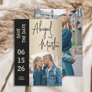 Save The Date Élégant Champagne Noir 2 Photo Mariage 