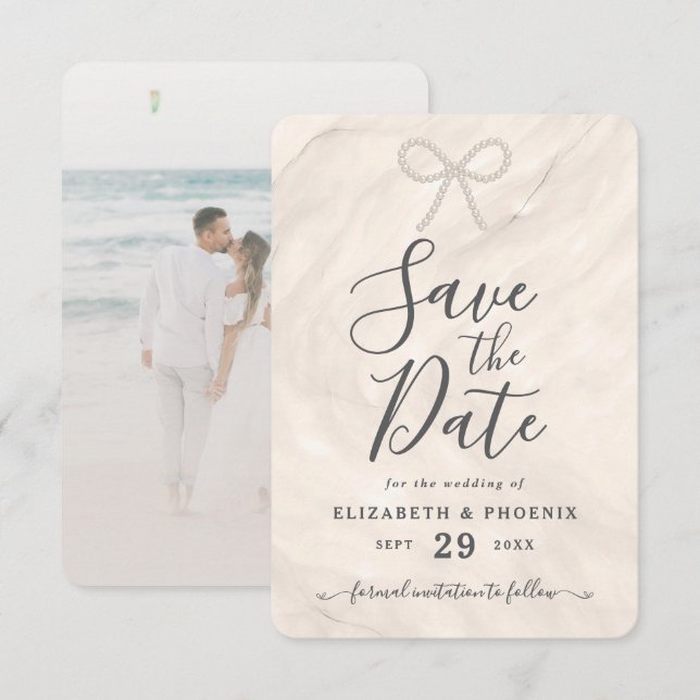 Save The Date Elegant Champagne Pearl Bow Custom Photo Wedding (Devant / Derrière)