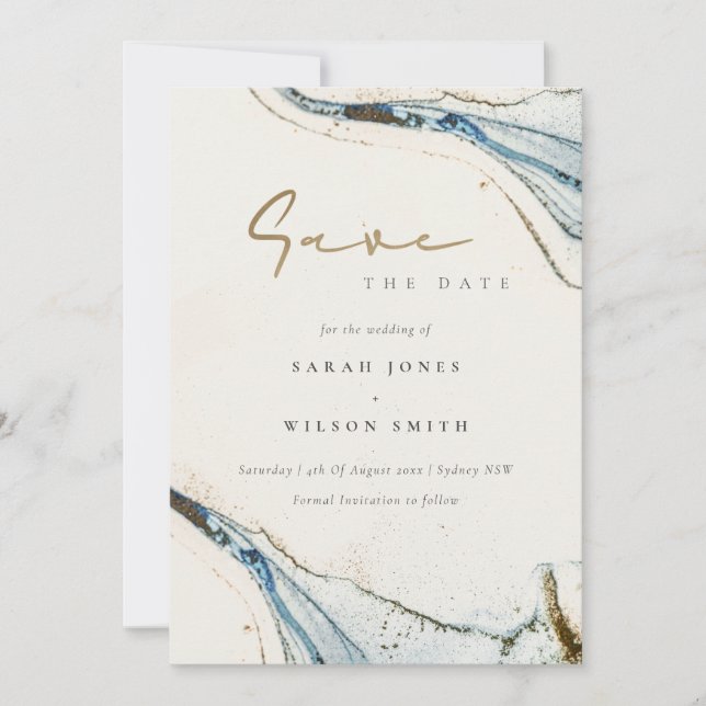 Save The Date Elégant Chic Abstrait Aquarelle Bleu Or Plage (Devant)
