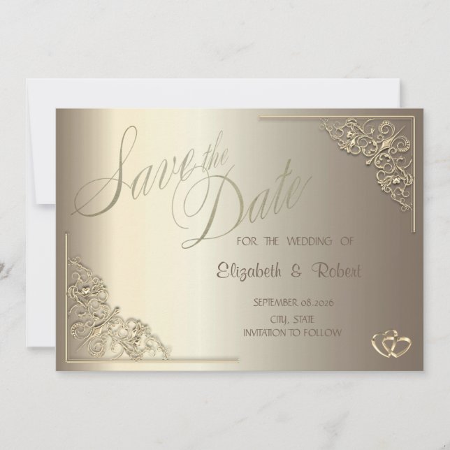 Save The Date Élégant Chic Cadre Cœurs Dorés Enregistrer La Date (Devant)