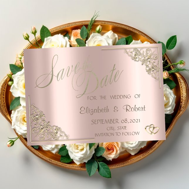 Save The Date Élégant Chic Cœurs Dorés, Cadre Rose Gold (Créateur téléchargé)