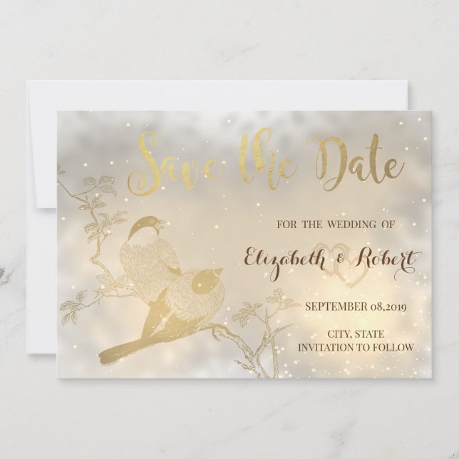 Save The Date Élégant Chic Cœurs en Or, Oiseaux Faire Part (Devant)