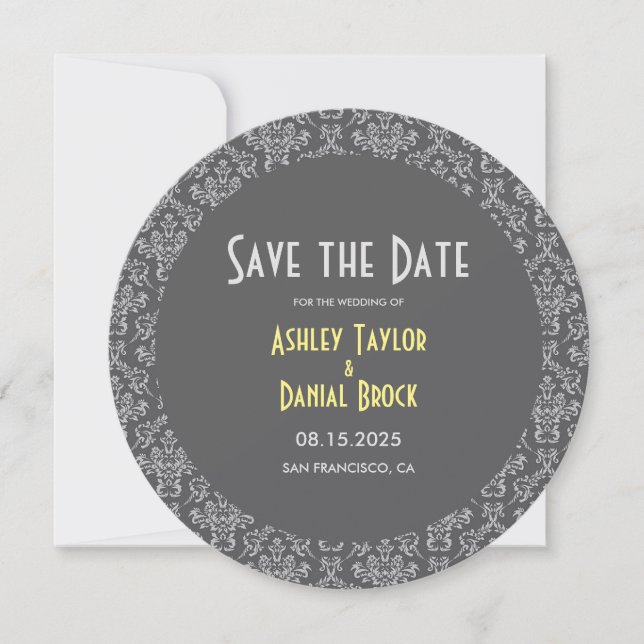 Save The Date Élégant Chic Damask Art Déco Gris Mariage formel (Devant)