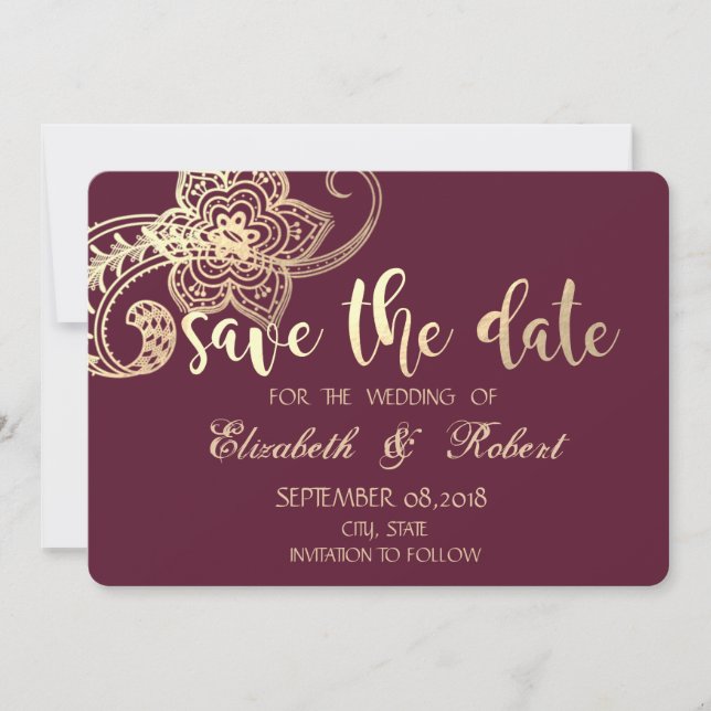 Save The Date Élégant Chic Doré Paisley  Faire Part de Date de M (Devant)
